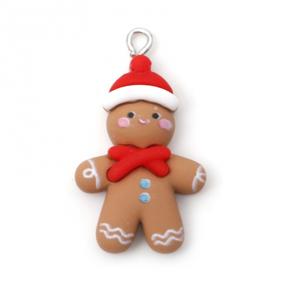 Picture of Resin Christmas Pendants Christmas Gingerbread Man Silver Tone Brown 3.3cm x 1.9cm, 10 PCs