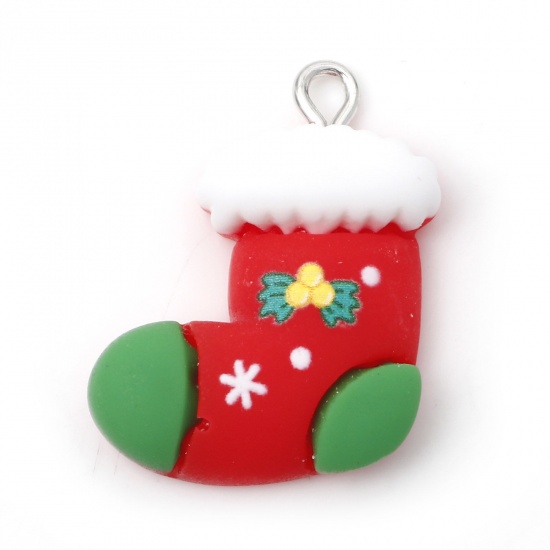 Picture of Resin Christmas Charms Christmas Stocking Silver Tone Red 26mm x 19mm, 10 PCs