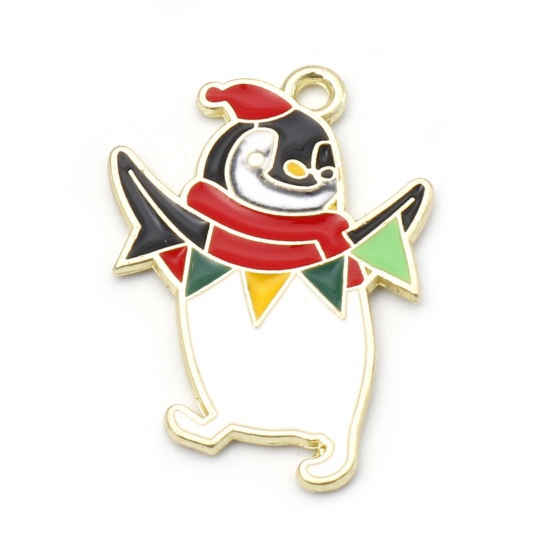 Picture of Zinc Based Alloy Christmas Charms Gold Plated Multicolor Penguin Animal Enamel 27mm x 19mm, 10 PCs