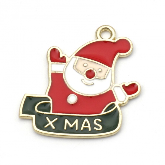 Picture of Zinc Based Alloy Christmas Charms Gold Plated Red Christmas Santa Claus Enamel 23mm x 23mm, 10 PCs