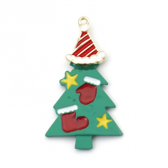 Picture of Zinc Based Alloy Christmas Charms Gold Plated Green Christmas Tree Enamel 3.3cm x 1.8cm, 10 PCs