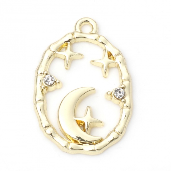 Picture of Zinc Based Alloy Galaxy Charms Gold Plated Oval Moon Clear Rhinestone 27mm x 18mm, 10 PCs