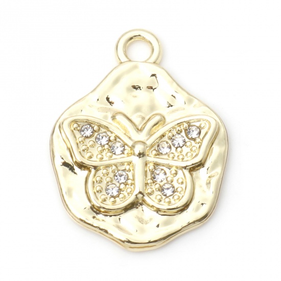 Picture of Zinc Based Alloy Insect Charms Gold Plated Irregular Butterfly Clear Rhinestone 24mm x 18mm, 10 PCs