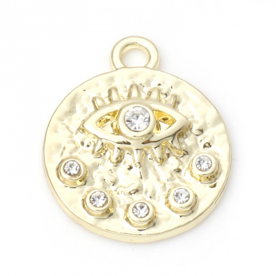 Picture of Zinc Based Alloy Religious Charms Gold Plated Round Eye of Providence/ All-seeing Eye Clear Rhinestone 21.5mm x 18mm, 10 PCs