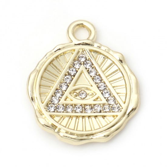 Picture of Zinc Based Alloy Religious Charms Gold Plated Round Eye of Providence/ All-seeing Eye Clear Rhinestone 21mm x 18mm, 10 PCs