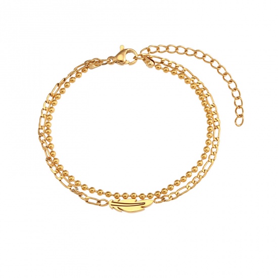 Immagine di 304 Acciaio Inossidabile Catena Figaro Bracciale Multistrato a Strati Oro Placcato Piuma 15cm Lunghezza, 1 Pz