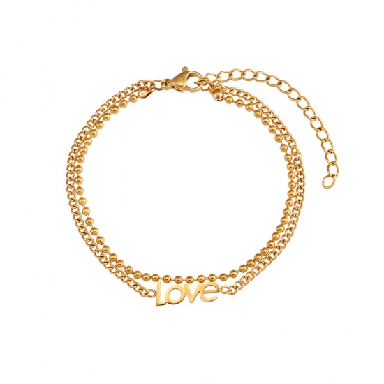 Immagine di 304 Acciaio Inossidabile Catena Singolare Bracciale Multistrato a Strati Oro Placcato Messaggio " LOVE " 15cm Lunghezza, 1 Pz