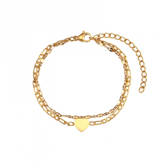 Immagine di 304 Acciaio Inossidabile Catena Figaro Bracciale Multistrato a Strati Oro Placcato Cuore 15cm Lunghezza, 1 Pz