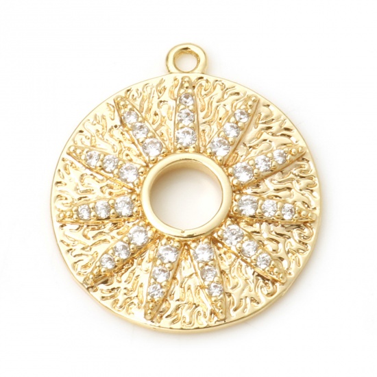 Immagine di Ottone Galassia Charms Tondo Vero Oro Placcato Sole Micro Spianare Trasparente Cubic Zirconiae 23mm x 20mm, 1 Pz