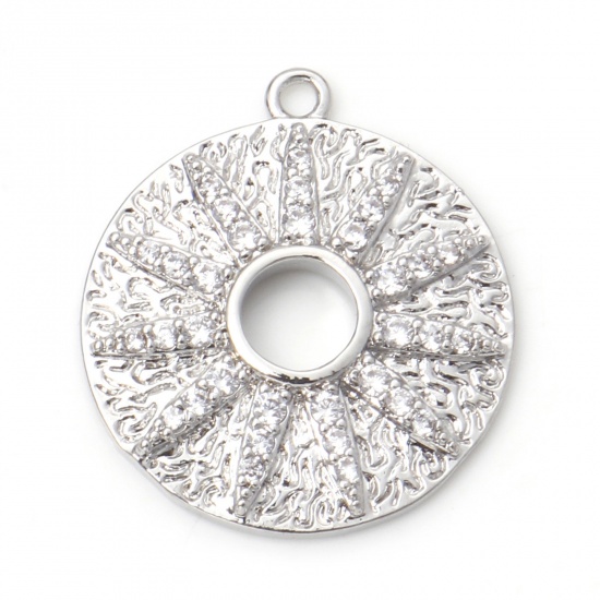 Immagine di Ottone Galassia Charms Tondo Vero Platino Placcato Sole Micro Spianare Trasparente Cubic Zirconiae 23mm x 20mm, 1 Pz