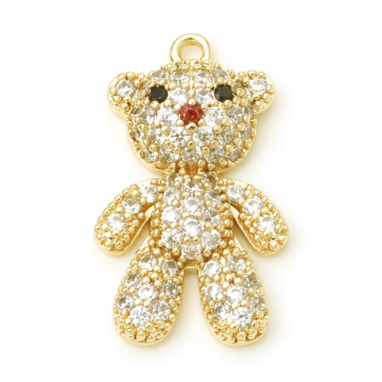 Picture of Brass Micro Pave Charms Bear Animal Real Gold Plated Clear Cubic Zirconia 26mm x 15mm, 1 Piece                                                                                                                                                                