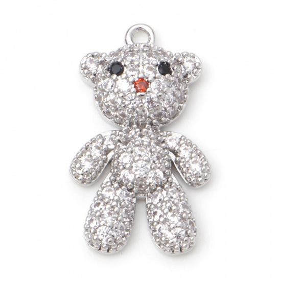 Picture of Brass Micro Pave Charms Bear Animal Real Platinum Plated Clear Cubic Zirconia 26mm x 15mm, 1 Piece                                                                                                                                                            