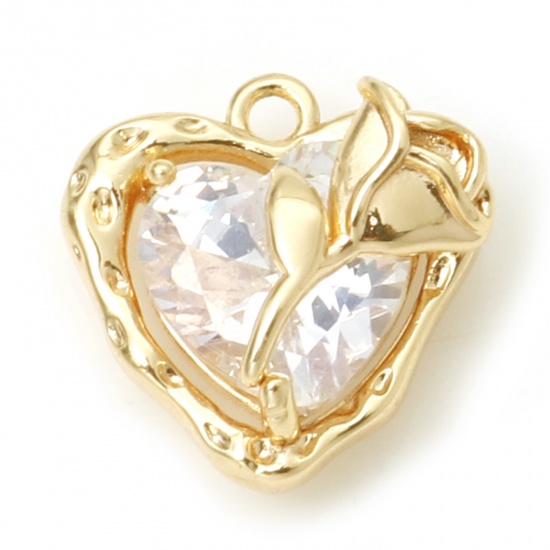 Imagen de Latón día de San Valentín Colgantes Charms Corazón Oro Real Chapado Rosa Claro Circón Artificial 13mm x 13mm, 2 Unidades