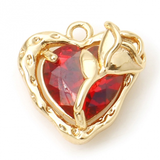 Imagen de Latón día de San Valentín Colgantes Charms Corazón Oro Real Chapado Rosa Rojo Circón Artificial 13mm x 13mm, 2 Unidades