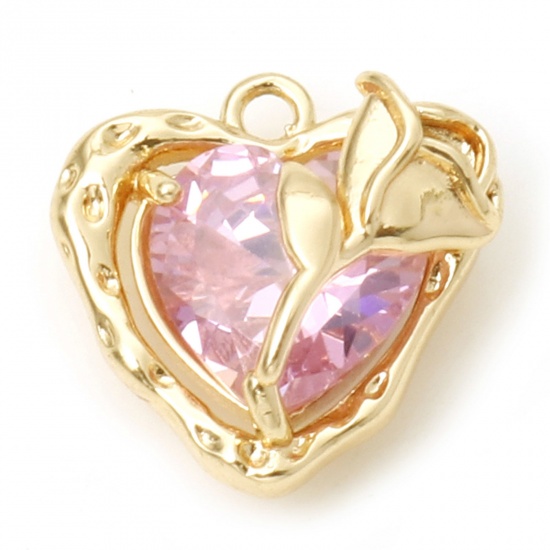 Imagen de Latón día de San Valentín Colgantes Charms Corazón Oro Real Chapado Rosa Rosado Circón Artificial 13mm x 13mm, 2 Unidades