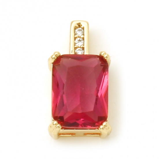 Picture of Brass Geometry Series Charms Rectangle Real Gold Plated Fuchsia Cubic Zirconia 13mm x 7mm, 1 Piece