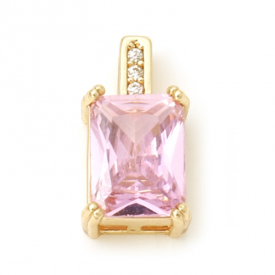 Picture of Brass Geometry Series Charms Rectangle Real Gold Plated Pink Cubic Zirconia 13mm x 7mm, 1 Piece