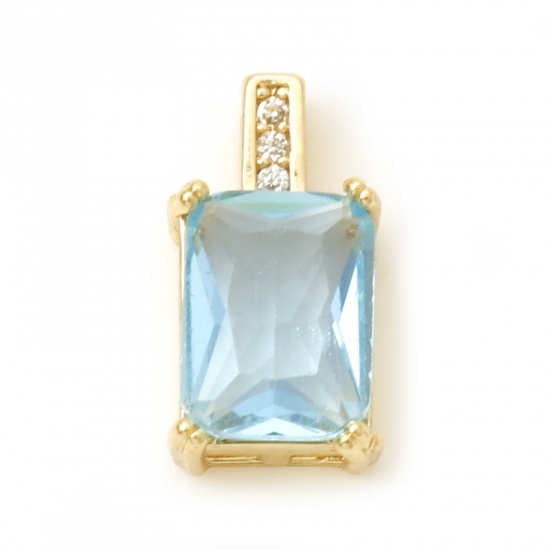 Picture of Brass Geometry Series Charms Rectangle Real Gold Plated Light Blue Cubic Zirconia 13mm x 7mm, 1 Piece