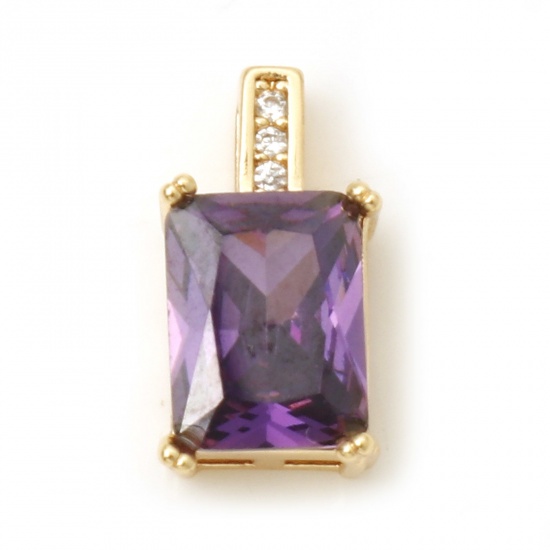 Picture of Brass Geometry Series Charms Rectangle Real Gold Plated Purple Cubic Zirconia 13mm x 7mm, 1 Piece