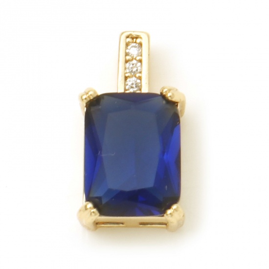 Picture of Brass Geometry Series Charms Rectangle Real Gold Plated Deep Blue Cubic Zirconia 13mm x 7mm, 1 Piece