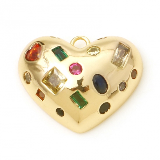 Picture of Brass Valentine's Day Charms Heart Real Gold Plated Micro Pave Multicolour Cubic Zirconia 18mm x 15mm, 1 Piece                                                                                                                                                