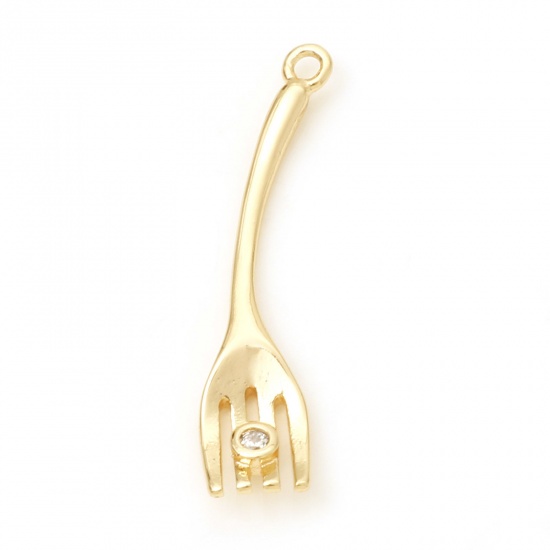 Picture of Brass Charms Fork Real Gold Plated Tableware Clear Cubic Zirconia 26mm x 8mm, 1 Piece                                                                                                                                                                         