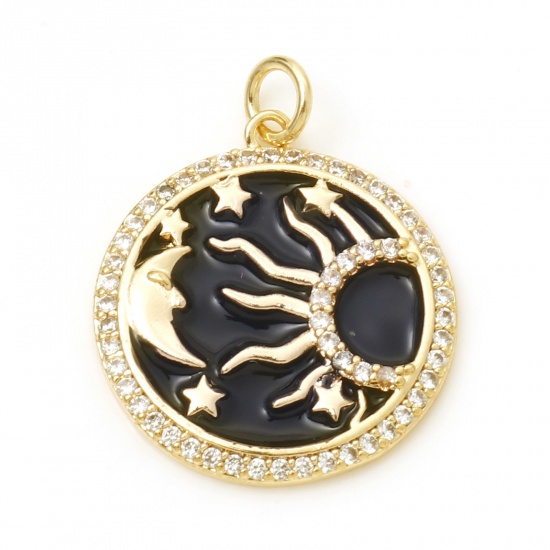 Picture of Brass Galaxy Charms Round Real Gold Plated Black Sun & Moon Enamel Clear Cubic Zirconia 26mm x 20mm, 1 Piece                                                                                                                                                  