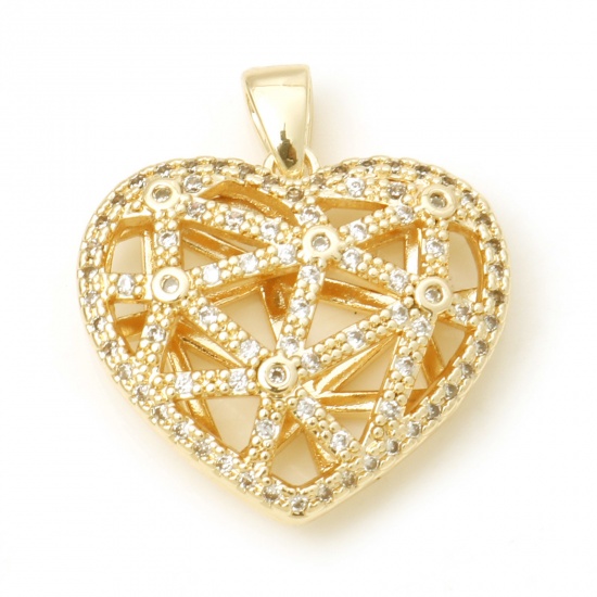 Picture of Brass Valentine's Day Charms Heart Real Gold Plated Micro Pave Clear Cubic Zirconia 23mm x 21mm, 1 Piece                                                                                                                                                      