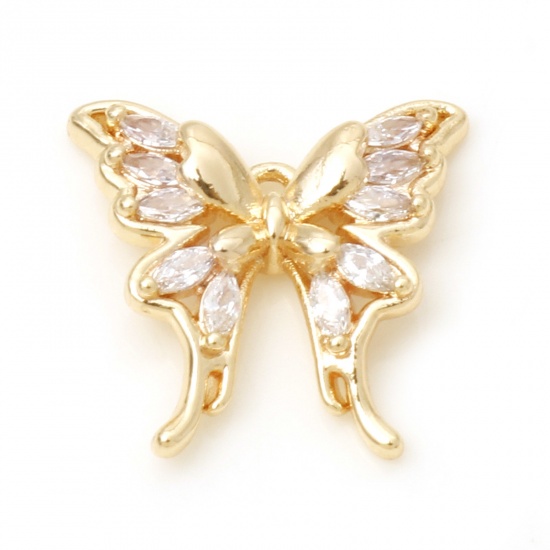 Picture of Brass Insect Charms Butterfly Animal Real Gold Plated Clear Cubic Zirconia 16mm x 16mm, 1 Piece                                                                                                                                                               