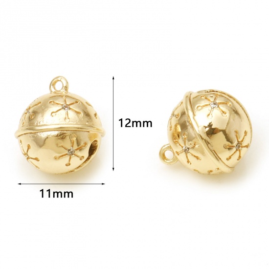 Immagine di Ottone Natale Charms Campana Vero Oro Placcato Fiocco di Neve 3D Trasparente Cubic Zirconiae 12mm x 11mm, 1 Pz
