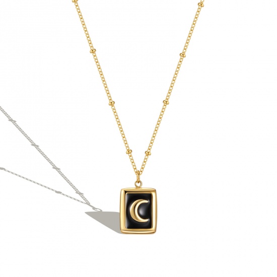 Picture of 304 Stainless Steel Stylish Link Cable Chain Necklace Gold Plated Black Rectangle Moon Enamel 45cm(17 6/8") long, 1 Piece