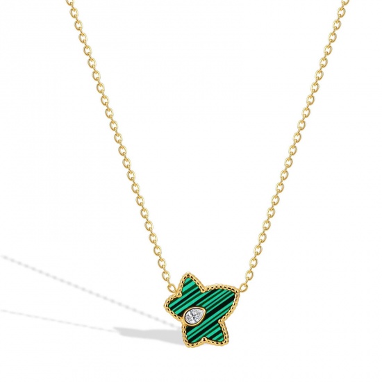 Picture of 304 Stainless Steel Stylish Link Cable Chain Necklace Gold Plated Green Star Imitation Malachite Clear Rhinestone 45cm(17 6/8") long, 1 Piece