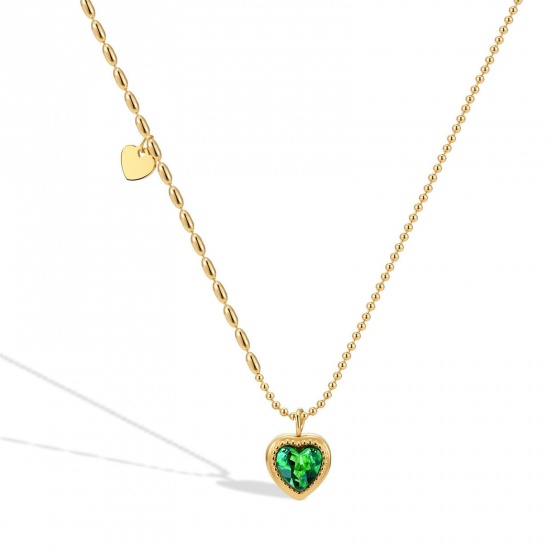 Picture of 304 Stainless Steel Stylish Link Cable Chain Necklace Gold Plated Heart Green Rhinestone 45cm(17 6/8") long, 1 Piece