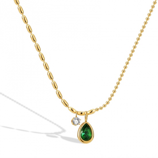 Picture of 304 Stainless Steel Stylish Link Cable Chain Necklace Gold Plated Drop Green Rhinestone 45cm(17 6/8") long, 1 Piece