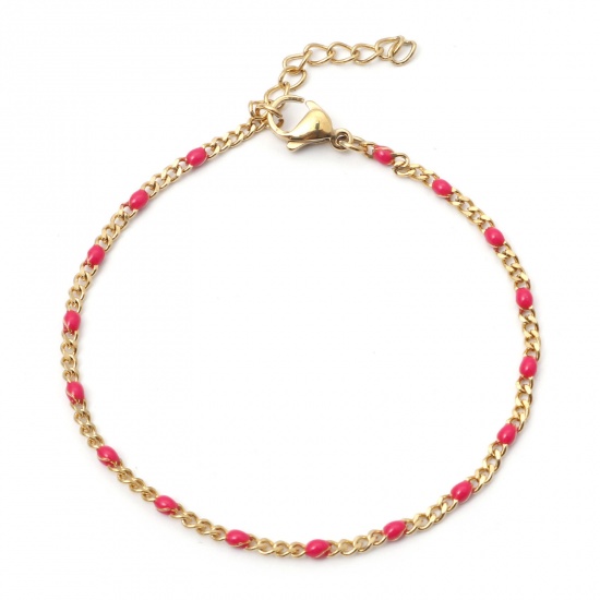 Picture of 304 Stainless Steel Cuban Link Chain Bracelets Gold Plated Fuchsia Enamel 17cm(6 6/8") long, 1 Piece