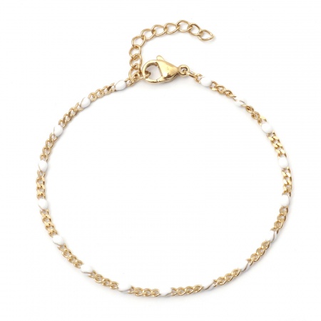 Picture of Wholesale White Enamel 304 Stainless Steel Cuban Link Chain Bracelets, Gold Plated Vacuum Plating, Women's Stylish Gift Jewelry Supply, 17cm(6.7") long, Chain Size: 2mm, 1 Piece