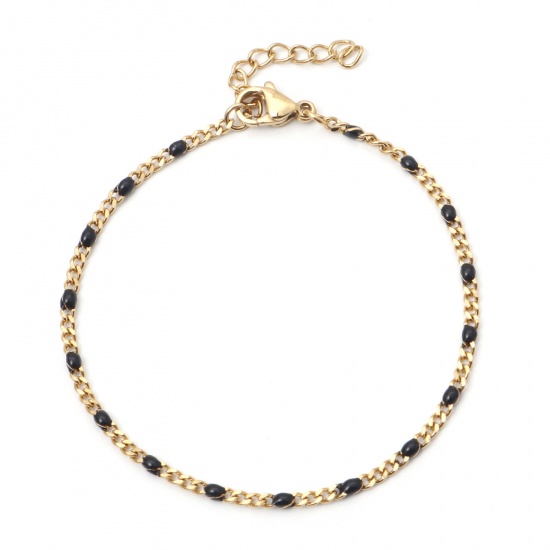Picture of 304 Stainless Steel Cuban Link Chain Bracelets Gold Plated Black Enamel 17cm(6 6/8") long, 1 Piece