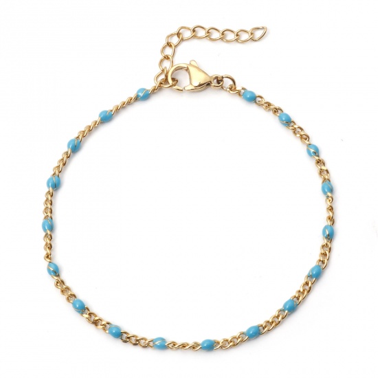 Picture of 304 Stainless Steel Cuban Link Chain Bracelets Gold Plated Blue Enamel 17cm(6 6/8") long, 1 Piece