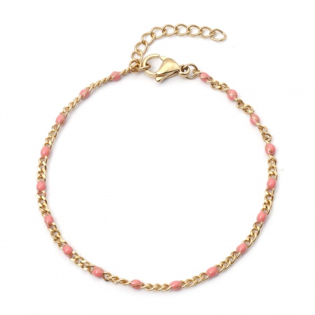 Image de Bracelets En Gros Doré en 304 Acier Inoxydable, Rose Émail Chaîne à Maillons Cubains Placage sous Vide, aux Femmes À la Mode Cadeau Fournitures de Bijoux 17cm long, Taille de la Chaîne: 2mm, 1 Pièce