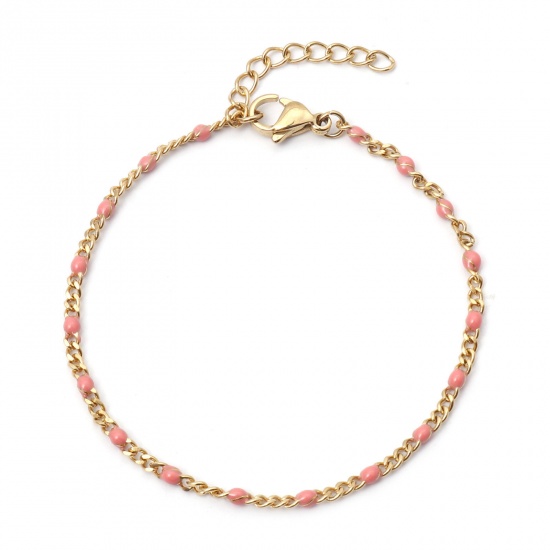 Picture of 304 Stainless Steel Cuban Link Chain Bracelets Gold Plated Pink Enamel 17cm(6 6/8") long, 1 Piece