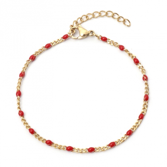 Picture of 304 Stainless Steel Cuban Link Chain Bracelets Gold Plated Red Enamel 17cm(6 6/8") long, 1 Piece