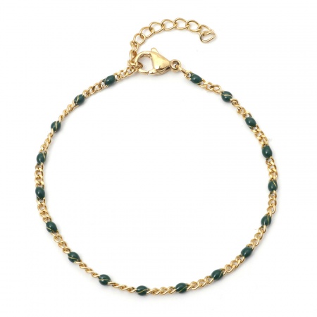 Image de Bracelets En Gros Doré en 304 Acier Inoxydable, Vert Foncé Émail Chaîne à Maillons Cubains Placage sous Vide, aux Femmes À la Mode Cadeau Fournitures de Bijoux 17cm long, Taille de la Chaîne: 2mm, 1 Pièce