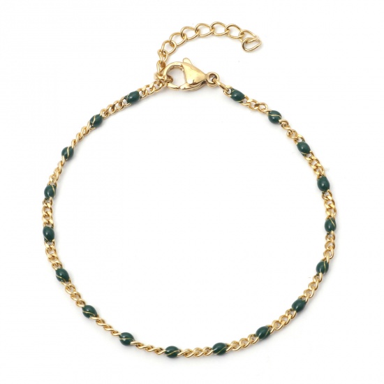 Picture of 304 Stainless Steel Cuban Link Chain Bracelets Gold Plated Dark Green Enamel 17cm(6 6/8") long, 1 Piece