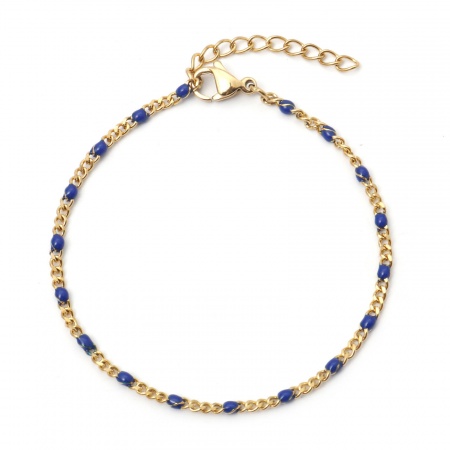 Picture of Wholesale Dark Blue Enamel 304 Stainless Steel Cuban Link Chain Bracelets, Gold Plated Vacuum Plating, Women's Stylish Gift Jewelry Supply, 17cm(6.7") long, Chain Size: 2mm, 1 Piece