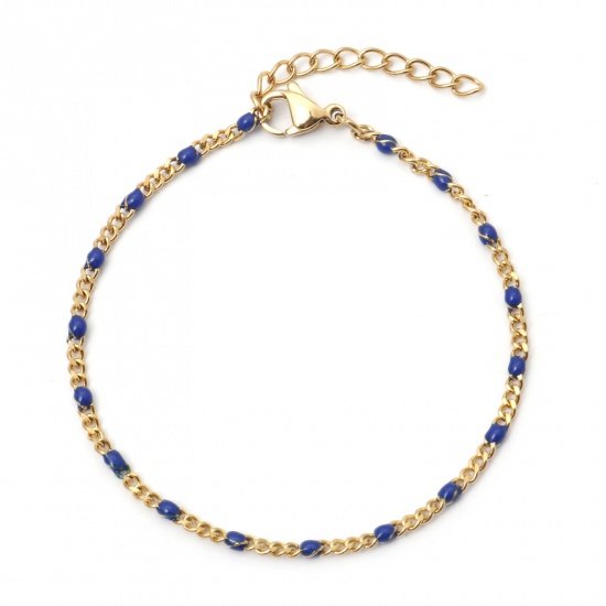 Picture of 304 Stainless Steel Cuban Link Chain Bracelets Gold Plated Dark Blue Enamel 17cm(6 6/8") long, 1 Piece