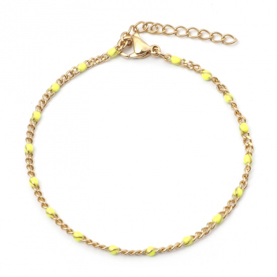 Picture of 304 Stainless Steel Cuban Link Chain Bracelets Gold Plated Neon Yellow Enamel 17.5cm(6 7/8") long, 1 Piece