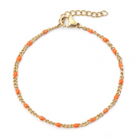 Image de Bracelets En Gros Doré en 304 Acier Inoxydable, Orange Émail Chaîne à Maillons Cubains Placage sous Vide, aux Femmes À la Mode Cadeau Fournitures de Bijoux 17cm long, Taille de la Chaîne: 2mm, 1 Pièce