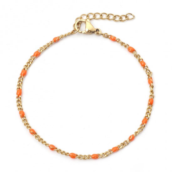 Picture of 304 Stainless Steel Cuban Link Chain Bracelets Gold Plated Orange Enamel 17cm(6 6/8") long, 1 Piece