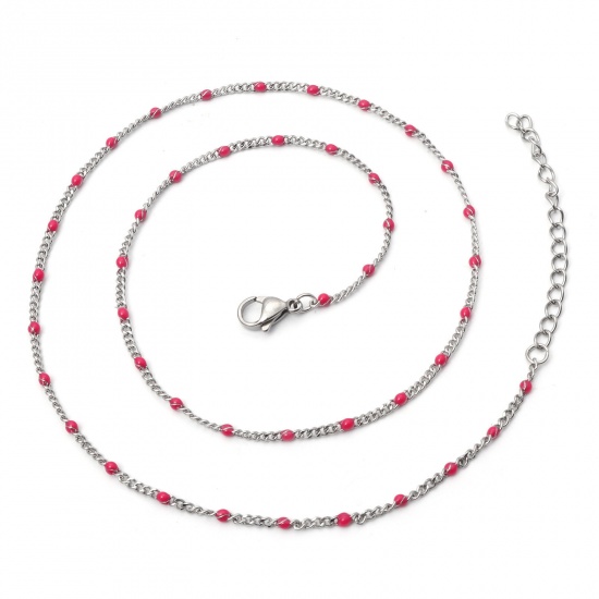 Picture of 304 Stainless Steel Cuban Link Chain Necklace Silver Tone Fuchsia Enamel 45cm(17 6/8") long, 1 Piece