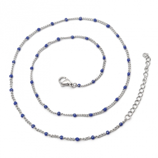 Picture of 304 Stainless Steel Cuban Link Chain Necklace Silver Tone Dark Blue Enamel 45cm(17 6/8") long, 1 Piece